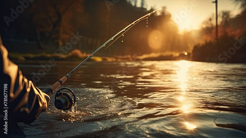 A man is fishing. A close-up of a fishing rod on the background of a lake, a beautiful sunset photo