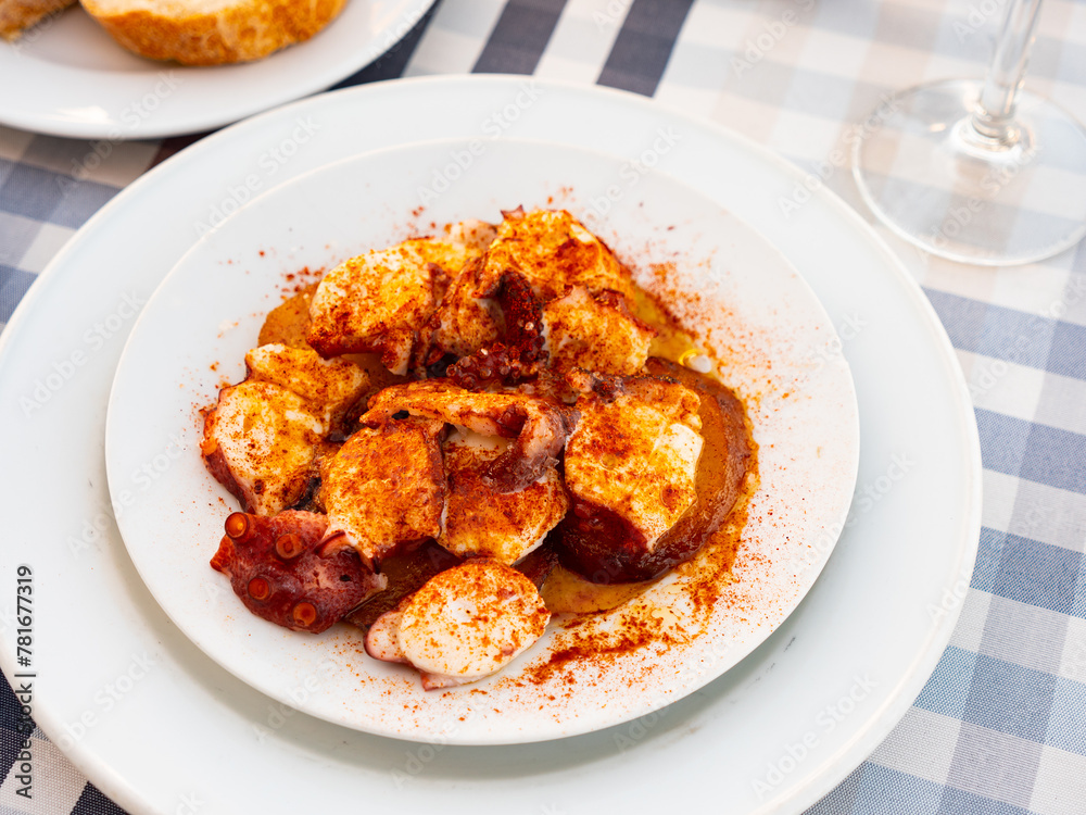 Popular Spanish dish is a octopus in Galician made from shellfish with potatoes, paprika, spices and olive oil