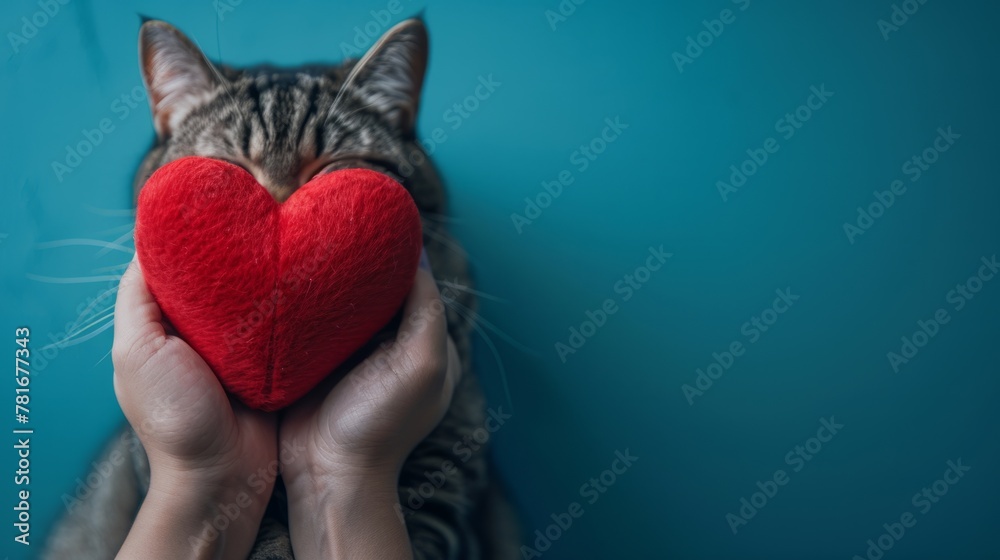 a cat with a red heart in its paws generative ai - obrazy, fototapety, plakaty 
