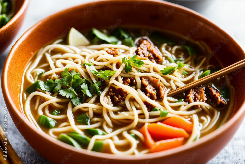 Close-up of vegan ramen served in a traditional ceramic bowl, accompanied by chopsticks, portraying an authentic and elegant dining experience. AI generated. Close-up of vegan ramen served in a traditional ceramic bowl, accompanied by chopsticks, portraying an authentic and elegant dining experience. AI generated.