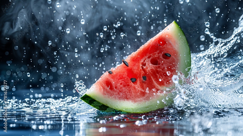 Fresh watermelon slice amidst dynamic water Fresh watermelon slice amidst dynamic water