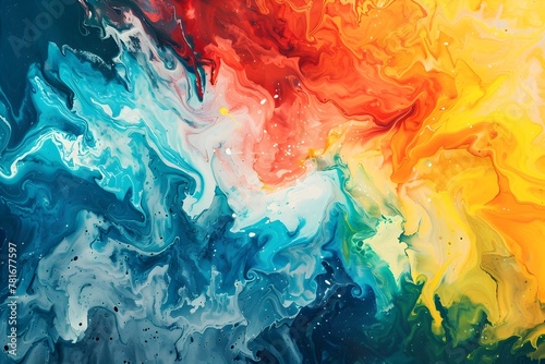 A colorful painting with blue, red, and yellow swirls. The painting has a vibrant and energetic feel to it, with the colors blending together to create a sense of movement and life