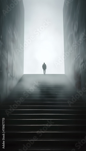 man climbing stairs into unknown   Road to discovery concept   An unknown and lost future