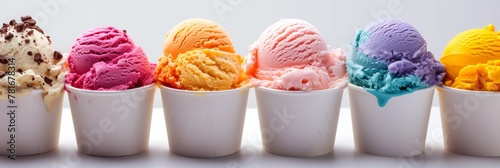 Line of various flavored ice creams in white cups. photo