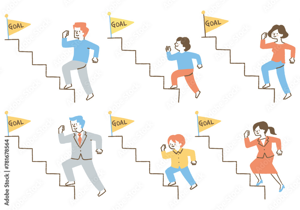 Set of people climbing stairs toward goal_color