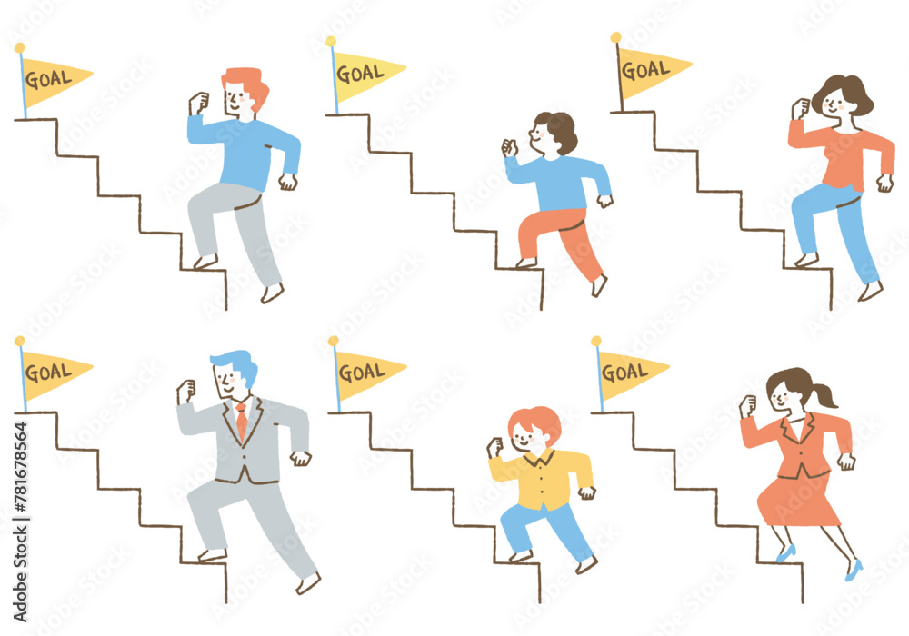 Set of people climbing stairs toward goal_color Set of people climbing stairs toward goal_color