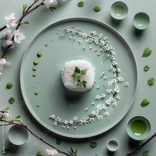 A plate of rice with a green herb garnish and a white flower design. The plate is surrounded by cups and spoons, and there are leaves on the table. Scene is elegant and sophisticated