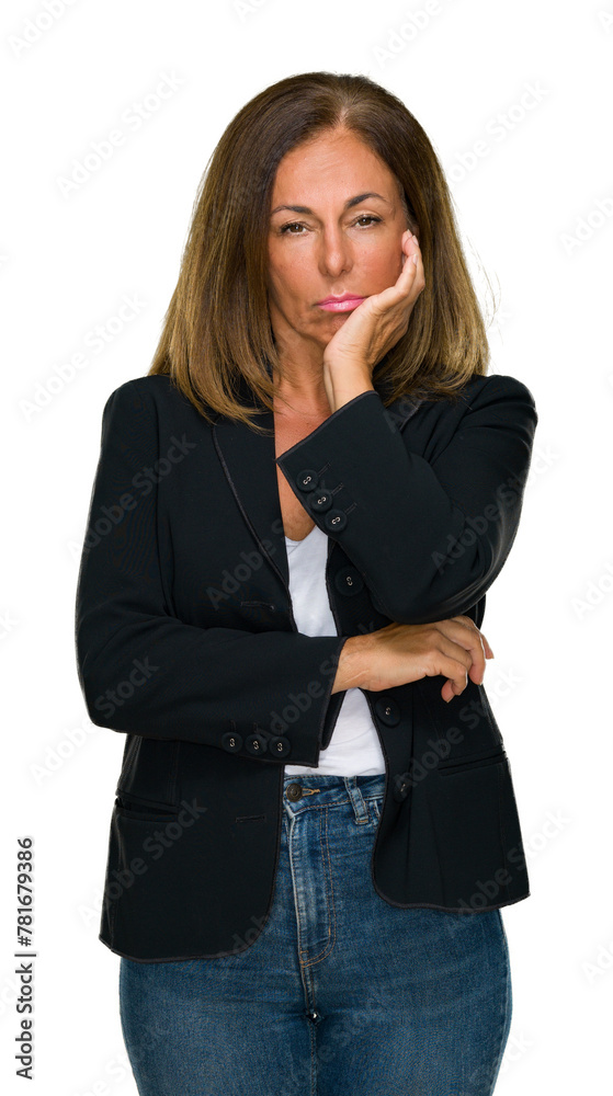 Beautiful middle age business adult woman over isolated background thinking looking tired and bored with depression problems with crossed arms. Beautiful middle age business adult woman over isolated background thinking looking tired and bored with depression problems with crossed arms.