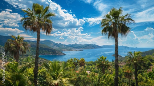Palm trees and distant blue water framed by mountains