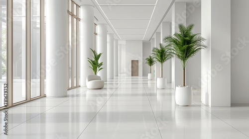 A large, empty room with white walls and white floors. There are two potted plants in the room, one on the left and one on the right. The room is very spacious and has a clean, minimalist feel to it