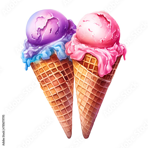 Two ice cream cones with pink and purple scoops melting