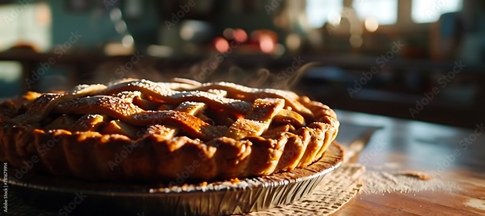 Golden-brown Perfection: A Close-up Portrait of a Rustic Apple Pie, Its Flaky Crust Glistening with Hues of Amber, Inviting the Viewer to Savor the Essence of Culinary Craftsmanship - obrazy, fototapety, plakaty 