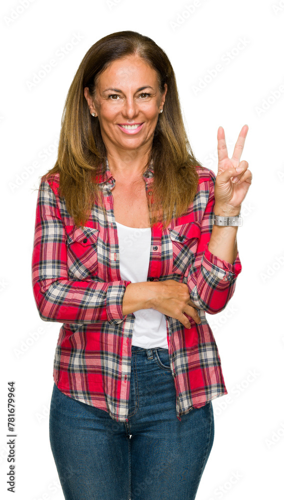 Middle age adult woman wearing casual shirt over isolated background smiling with happy face winking at the camera doing victory sign. Number two. Middle age adult woman wearing casual shirt over isolated background smiling with happy face winking at the camera doing victory sign. Number two.