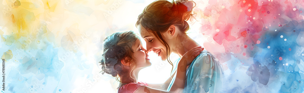 Watercolor illustration of a happy mother and daughter playing and dancing, celebrating mother's day with love and joy. Watercolor illustration of a happy mother and daughter playing and dancing, celebrating mother's day with love and joy.