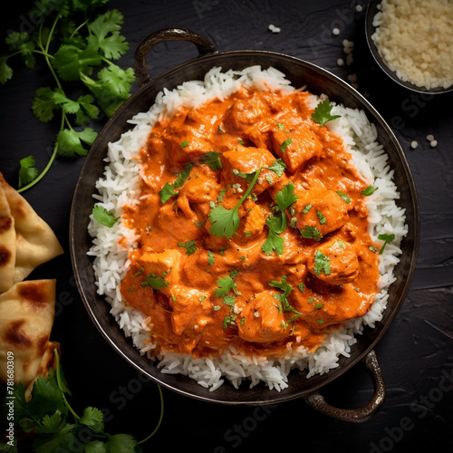 wide top view background food image, butter masala chicken and boiled white rice, Indian traditional food recipe banner image in black color table photo