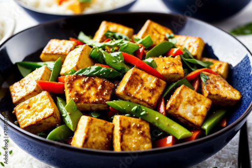 Close-up of stir-fried tofu with vegetables served in a traditional bowl, accompanied by steamed rice, portraying an authentic and balanced meal. AI generated.