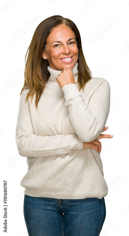 Beautiful middle age adult woman wearing winter sweater over isolated background looking confident at the camera with smile with crossed arms and hand raised on chin. Thinking positive. Beautiful middle age adult woman wearing winter sweater over isolated background looking confident at the camera with smile with crossed arms and hand raised on chin. Thinking positive.