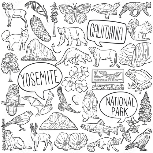Yosemite Doodle Icons Black and White Line Art. National Park Clipart Hand Drawn Symbol Design.