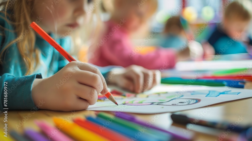 Children drawing and doing crafts in kindergarten, seen from close up generative ai