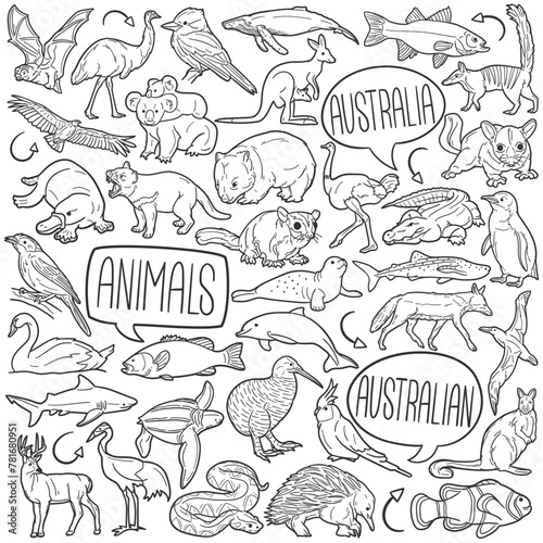 Australian Animals Doodle Icons Black and White Line Art. Australian wildlife Clipart Hand Drawn Symbol Design.