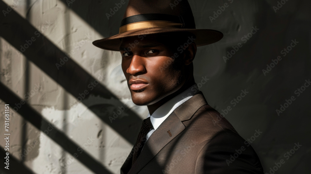 Against a backdrop of shadows and light a dapper black man poses with suave confidence. His tailored suit is perfectly complemented by a fedora tilted to one side casting a mysterious .