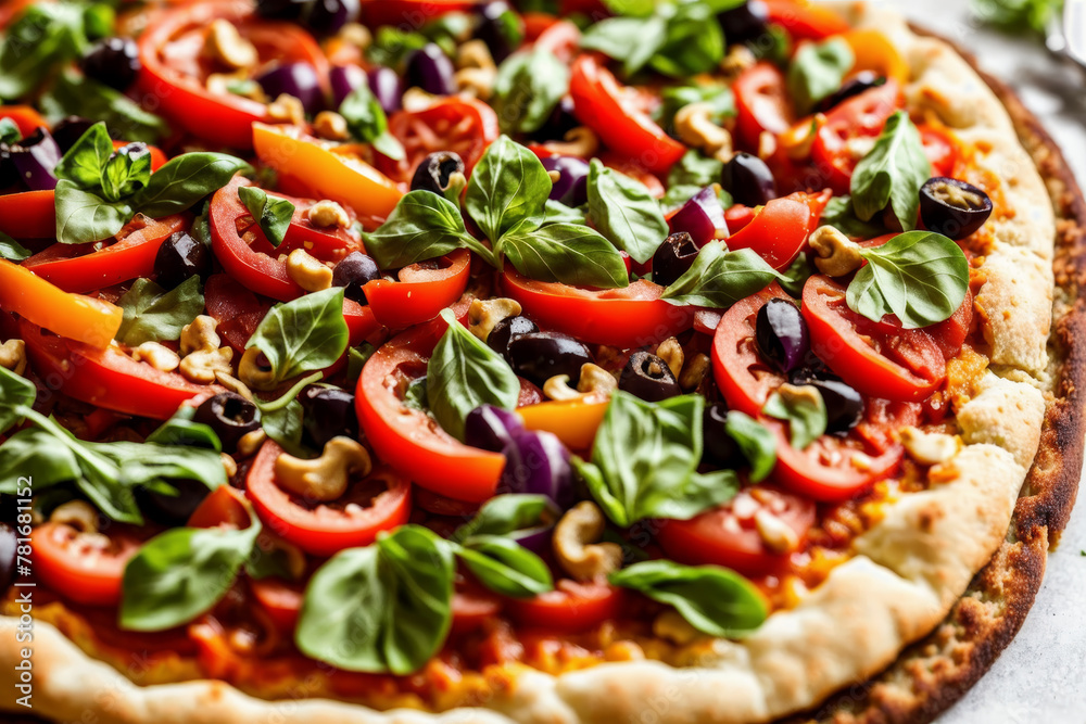 Close-up of vegan pizza with cashew cheese, topped with a variety of vegetables like bell peppers, olives, and red onions, on a crispy crust. AI generated. Close-up of vegan pizza with cashew cheese, topped with a variety of vegetables like bell peppers, olives, and red onions, on a crispy crust. AI generated.