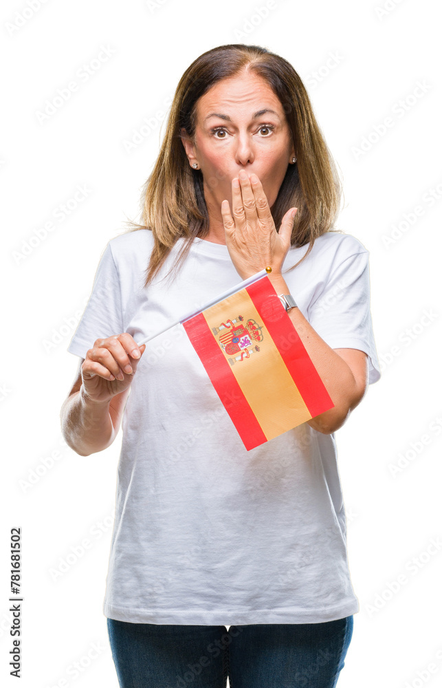 Middle age hispanic woman holding flag of Spain over isolated background cover mouth with hand shocked with shame for mistake, expression of fear, scared in silence, secret concept Middle age hispanic woman holding flag of Spain over isolated background cover mouth with hand shocked with shame for mistake, expression of fear, scared in silence, secret concept