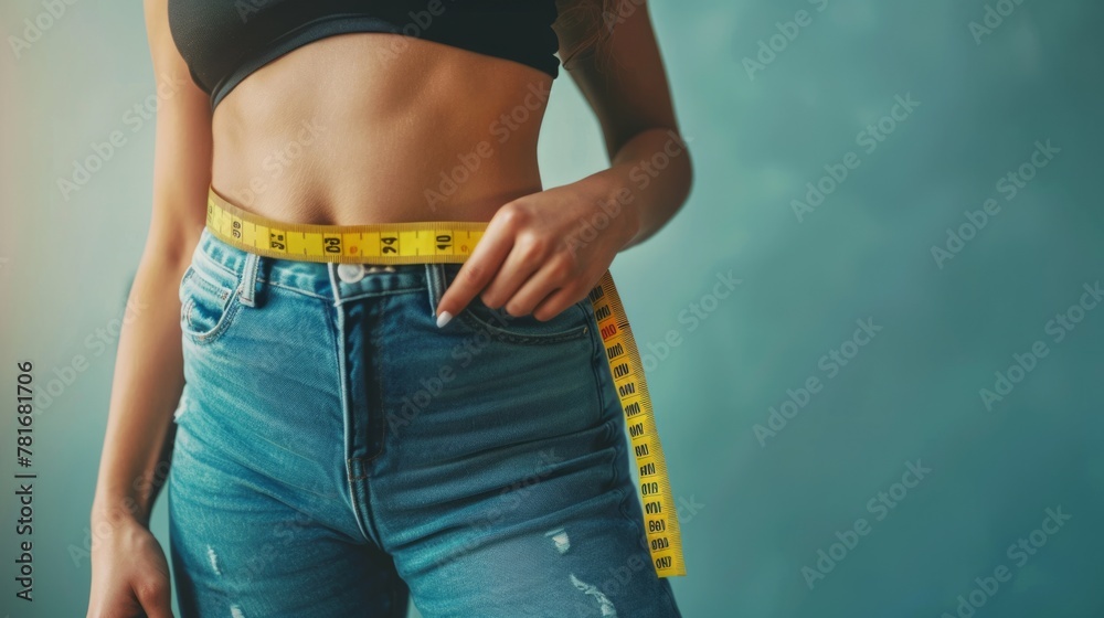 slim woman wearing jeans, measuring waist with tape measure generative ai - obrazy, fototapety, plakaty 