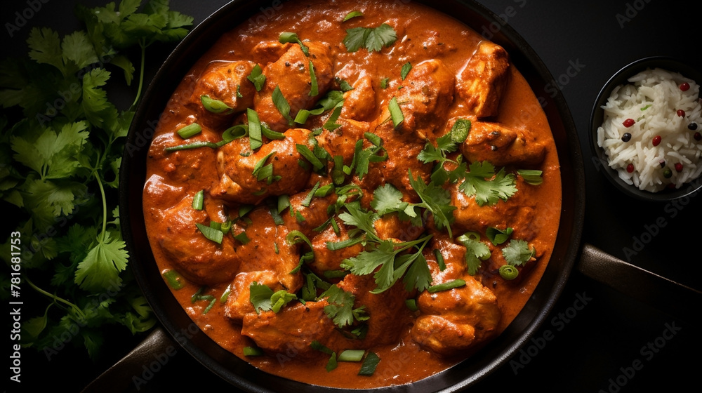 wide top view background food image, butter masala chicken and boiled white rice, Indian traditional food recipe banner image in black color table wide top view background food image, butter masala chicken and boiled white rice, Indian traditional food recipe banner image in black color table