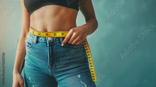 slim woman wearing jeans, measuring waist with tape measure generative ai photo