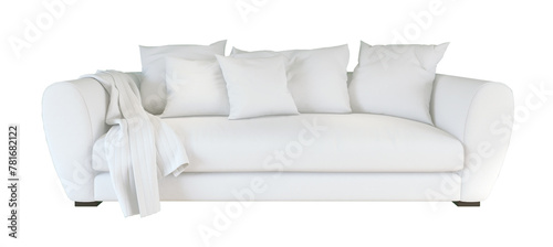 Comfortable white sofa with cushion and blanket isolated on transparent background