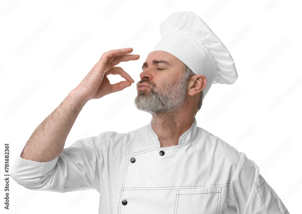 Chef in uniform showing perfect sign on white background Chef in uniform showing perfect sign on white background