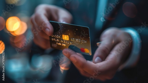 A businessperson's hand holding a credit card with a confident grip, ready for transactions.