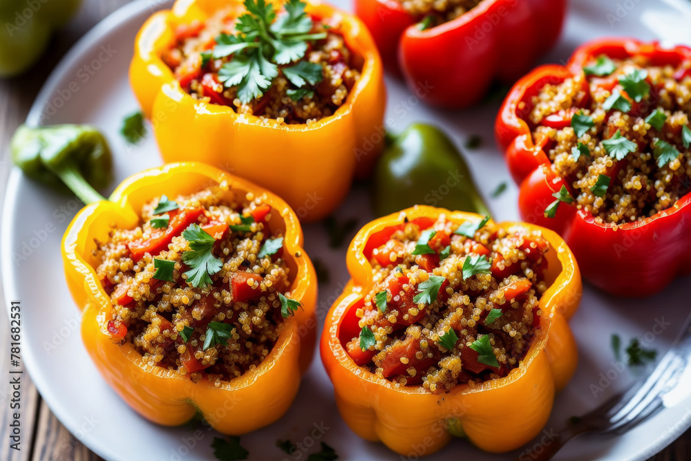 Macro shot of quinoa stuffed peppers with a sprinkle of nutritional yeast, emphasizing the cheesy flavor without the dairy and the stuffed peppers wholesome filling. AI generated. Macro shot of quinoa stuffed peppers with a sprinkle of nutritional yeast, emphasizing the cheesy flavor without the dairy and the stuffed peppers wholesome filling. AI generated.