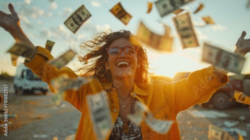 A dynamic shot of a person tossing currency notes into the air with joyous expression. photo
