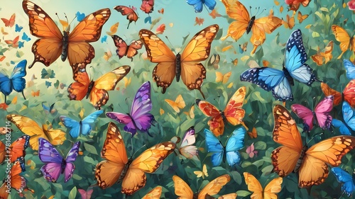 A colorful swarm of butterflies, intricate details and patterns, fluttering together  photo
