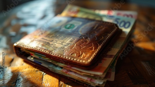 A stylish wallet filled with assorted currency notes, highlighting financial security. photo