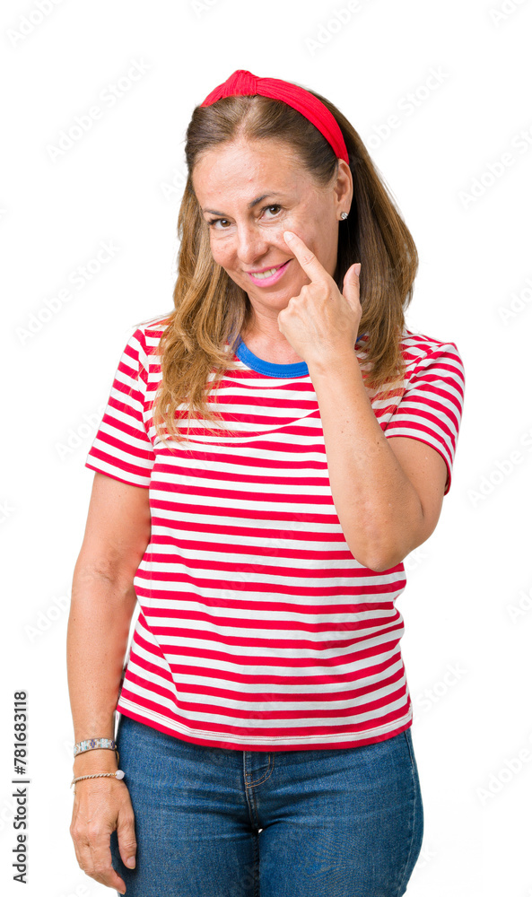Beautiful middle age woman wearing casual stripes t-shirt over isolated background Pointing to the eye watching you gesture, suspicious expression Beautiful middle age woman wearing casual stripes t-shirt over isolated background Pointing to the eye watching you gesture, suspicious expression