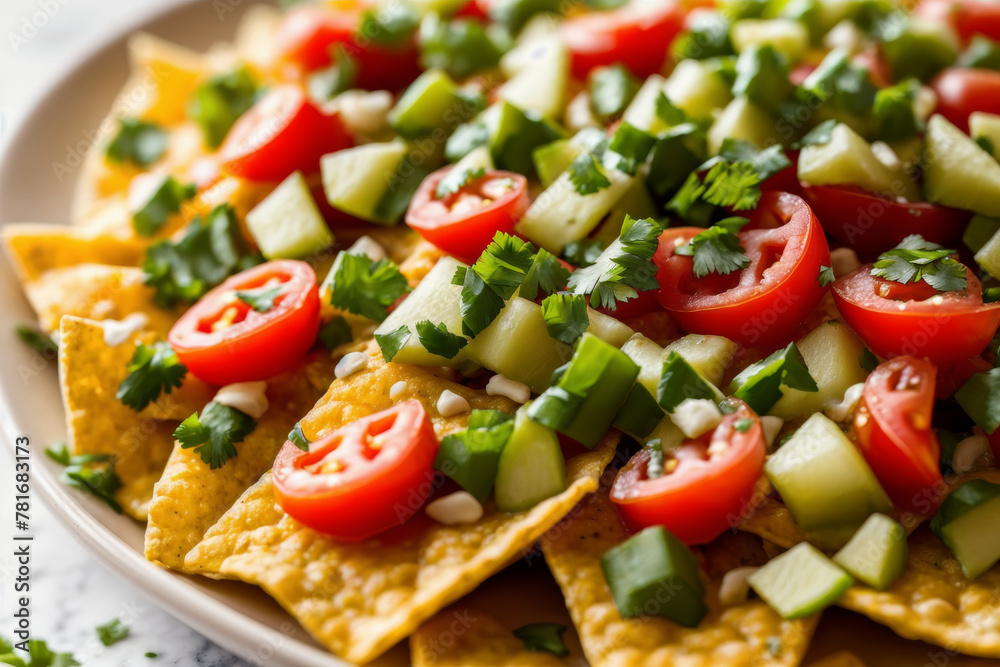 Detailed close-up of vegan nachos with cashew cheese, garnished with diced tomatoes and green onions, focusing on the freshness and vibrant color contrast. AI generated. Detailed close-up of vegan nachos with cashew cheese, garnished with diced tomatoes and green onions, focusing on the freshness and vibrant color contrast. AI generated.