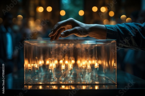 Man touching glass box with lit candles inside photo
