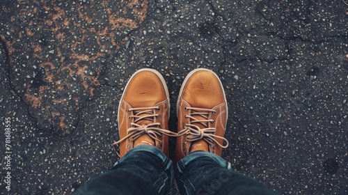 Person in brown footwear standing on urban road with feet raised