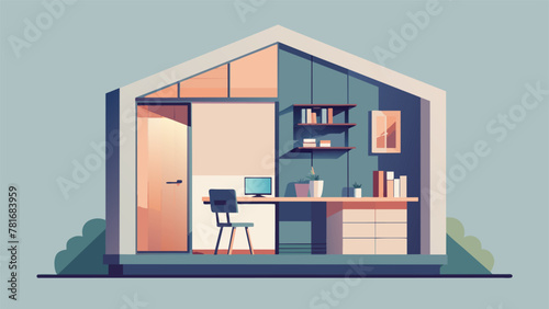 A minimalist tiny house with a compact office nook built into a wall featuring a hidden desk that slides out and spacesaving shelves above for