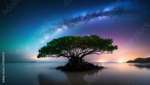 Silhouette of a tree with milky way background on the sky at night © Tri