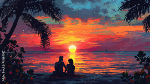 A couple in love sit on the beach and watch the sunset by the sea © jr-art