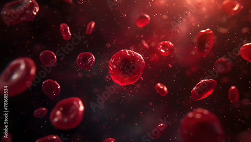 3d red cells with oxygen flowing in blood , dark red,Under the microscope, medical field, analysis in laboratories