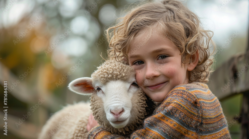A young girl is hugging a sheep A young girl is hugging a sheep