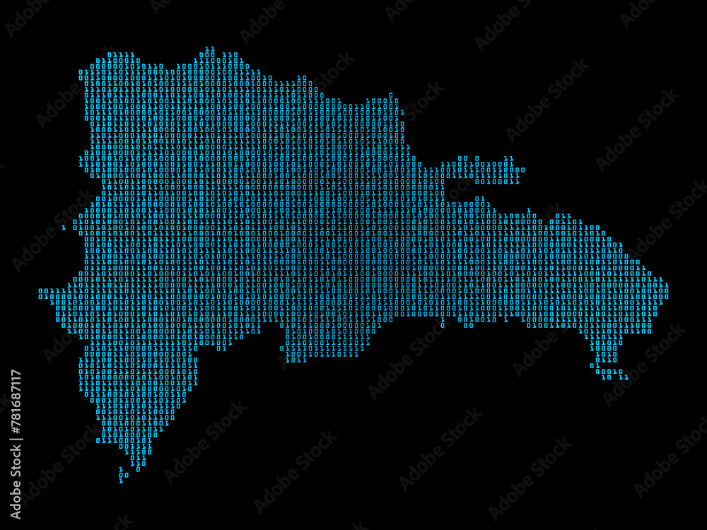 A sketching style of the map Dominican Republic, consisting of blue binary code. An abstract image for a geographical design template. Image isolated on black background.