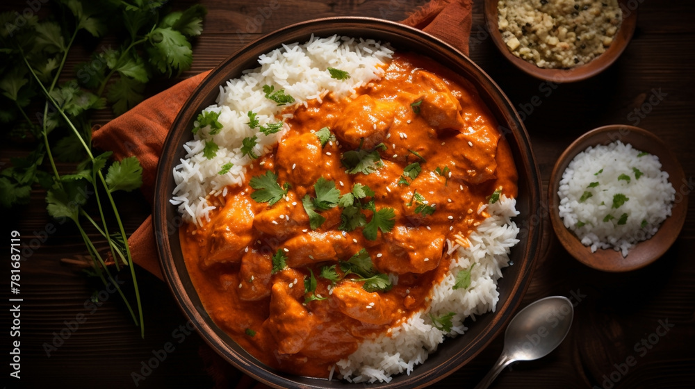 wide top view background food image, butter masala chicken and boiled white rice, Indian traditional food recipe banner image in black color table wide top view background food image, butter masala chicken and boiled white rice, Indian traditional food recipe banner image in black color table