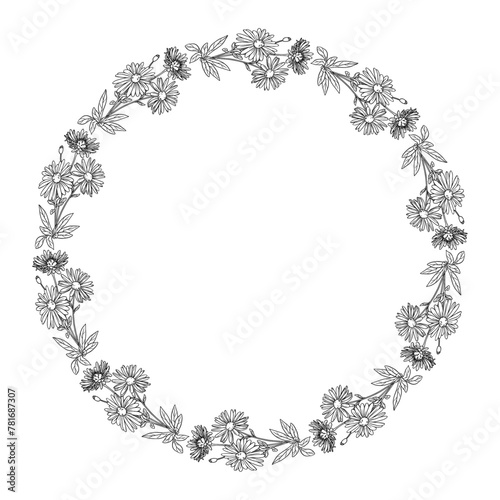 Vector hand drawn black and white floral wreath