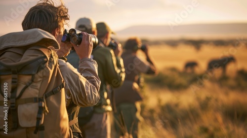 With binoculars in hand a group of travelers looks out onto the horizon searching for the elusive wildlife that calls the African . .